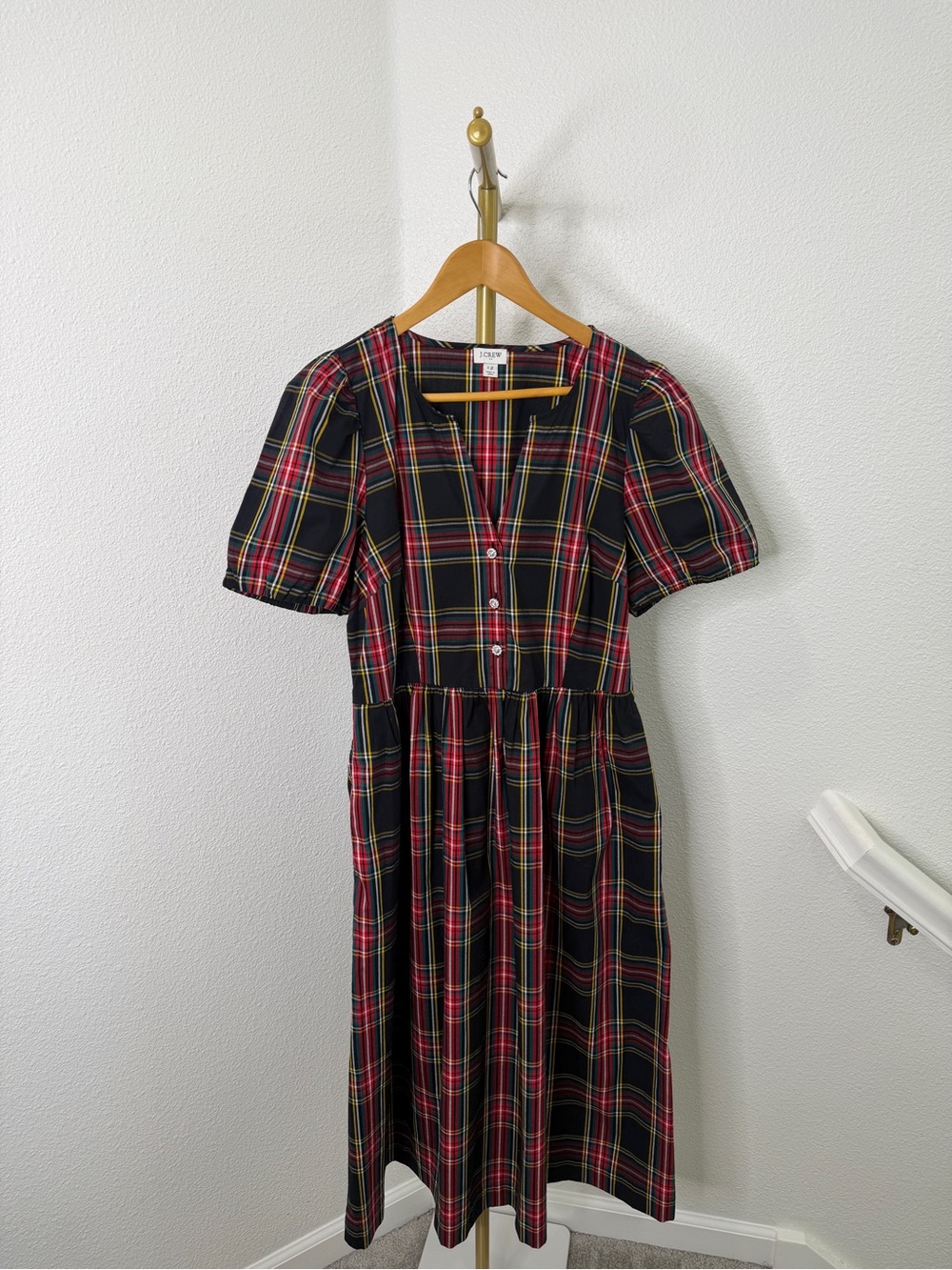 J. Crew Stewart Tartan Plaid Puff-Sleeve Midi Dress Jeweled Button Pockets 12